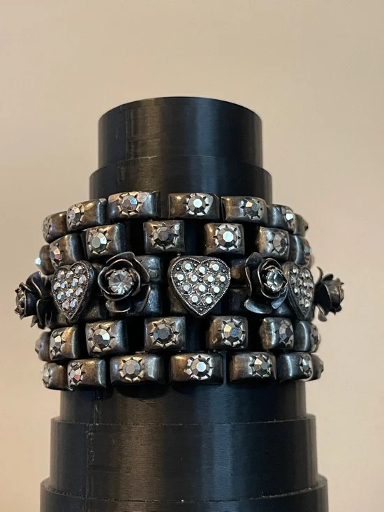 Vintage Rhinestone Heart, Starburst & 3-D Rose Silver Tone Panel Bracelet - Picture 11 of 12